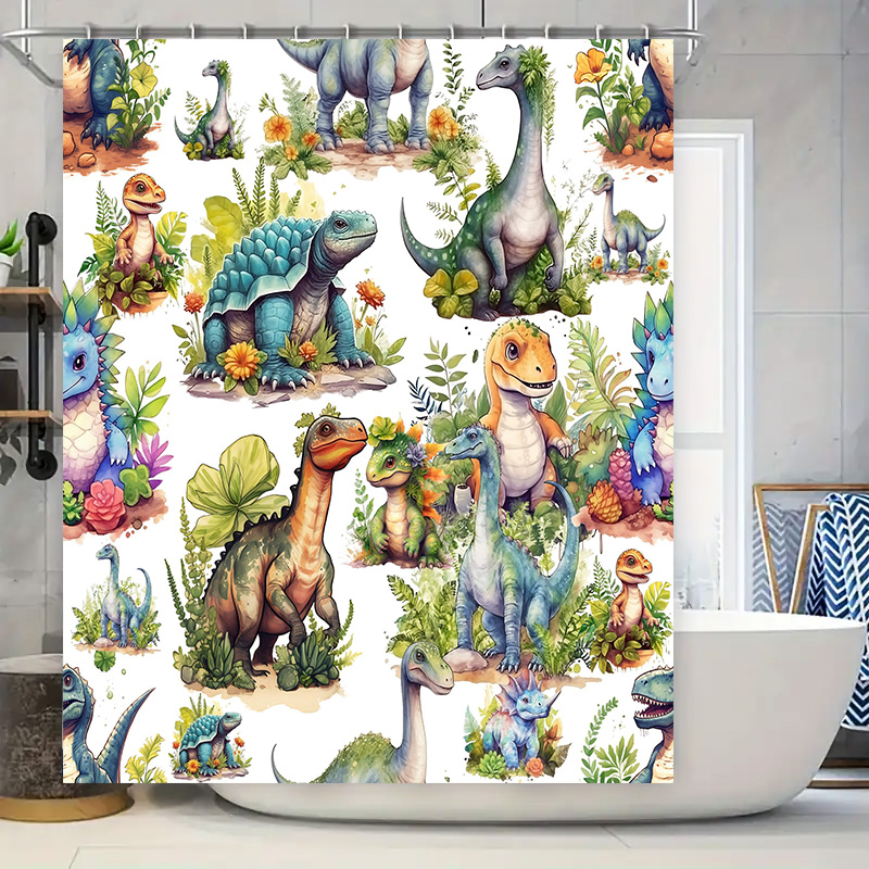 Home Bathroom Design Ideas - Colorful Dinosaur Shower Curtain: Prehistoric World