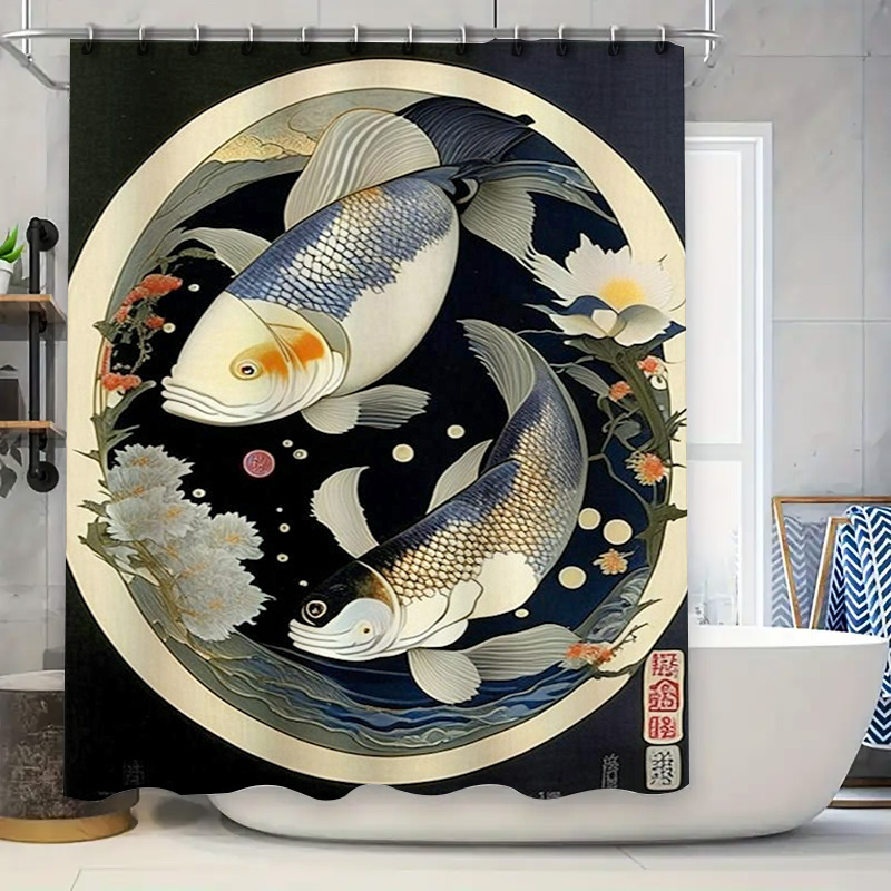 Japanese Home Bathroom Design - Vintage Japanese Fish Print Shower Curtain
